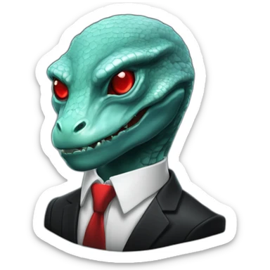Aquamarine reptilian in classic black suite with red laser eyes on the middle of platinum coin sticker