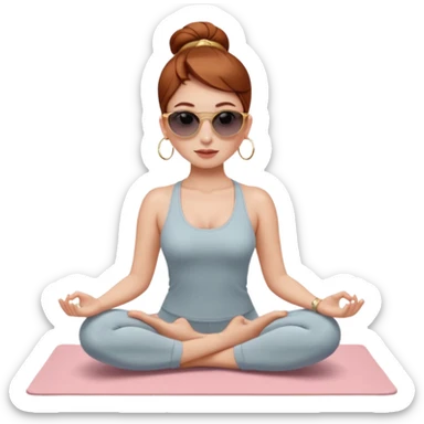 Clean girl influencer character, chest-up portrait.Sleek tight bun hair color (auburn .Natural glossy makeup, soft blush, shiny lips.chest up portrait , small gold hoop earrings, delicate gold necklace.Black sunglasses on head.Rolled yoga mat hanging over her shoulder. sticker