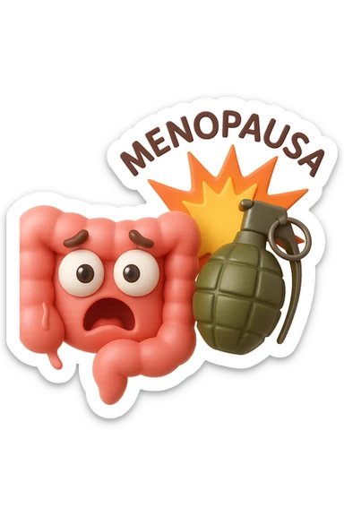 EMOJI STILE IPHONE 3D DI INTESTINO 3D CON ESPRESSIONE SPAVENTATA IN VOLTO MENTRE ACCANTO A LUI SCOPPIA UNA GRANATA 3D CON LA SCRITTA "MENOPAUSA" SOPRA, FAGLI ANCHE LA PARTE BIANCA DEGLI OCCHI, NON SOLO LA PUPILLA sticker