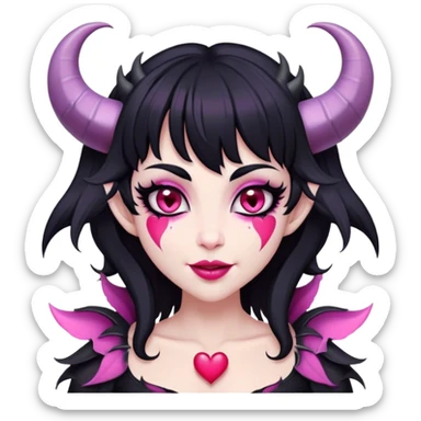Succubus, pink irises, heart pupils, black shaggy hair, straight across fringe, grey skin, white horns curving towards forehead, succubus horns, flirty smile, full lips, black lips, cute fangs sticker