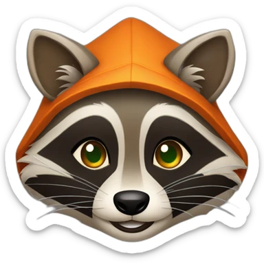 brown raccoon with orange eyes and a dark green hood that is smiling sticker