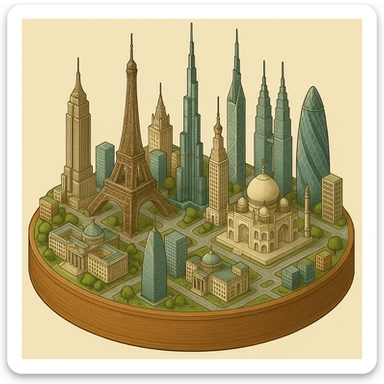 Оставь основу картинки - деревянную подставку, но при этом сгенерируй изометрическую модель города где будет самые узнаваемые здания мира Эмпайр Стейт Билдинг, Эйфелева башня, здание МГУ, Бурдж-Халифа, Башни Петронас, Небоскрёб Фостера в Лондоне, Рейхстаг, Тайбэй sticker