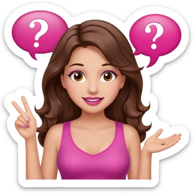 girl with long wavy brown hair, brown eyes, long lashes makeup, sexy pink lips, light to medium complexion, wearing a pink sexy top, shugging, smiling, question mark one speech bubble sticker