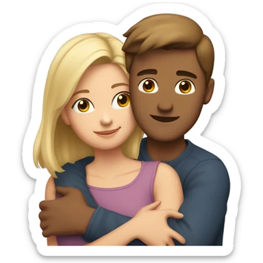 A girl with brown medium hair hugs a guy with short hair and blonde sticker