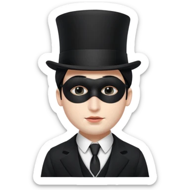 A french man with snow white skin, a black half mask with an eye hole, a black top hat, a black vest with a black tie tucked underneath, and a white collared shirt. Closed eyes. sticker