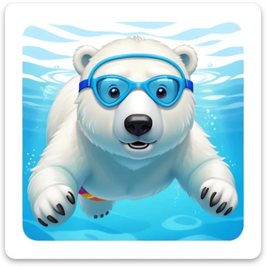 friendly anthropomorphised polar bear swimming in a wide pool, wearing colorful swim trunks and snorkel gear sticker
