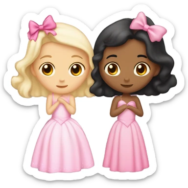 Two girls kissing , one girl is lightly Indian skinned with black hair and a pink bow she also has a pink princess dress the other girl is white skinned with brown hair and a bow and she wears a pink princess dress  sticker