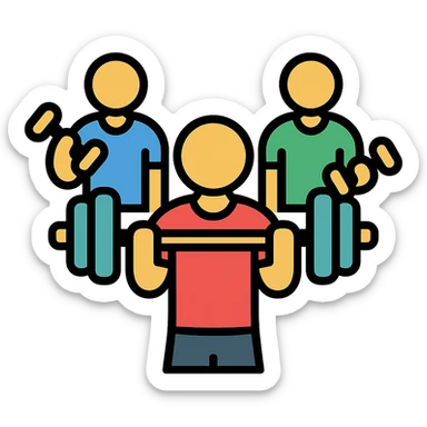 group of gym buddies lifting weights, minimal and recognizable icon style sticker