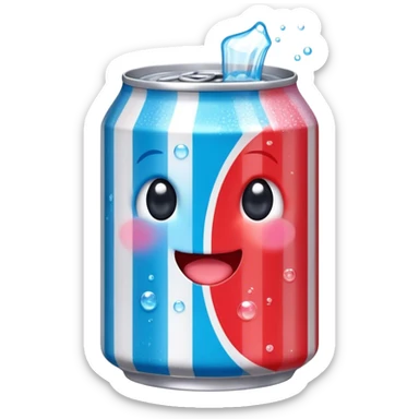 Cute Kawaii Soda Can, bubbly and vibrant, bright red and blue stripes, playful fizz popping around, a chubby happy face with wide sparkling eyes, energetic and refreshing! sticker