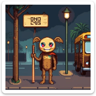 humanoid wooden club with big cartoon eyes and wide smile, barefoot, standing at a dark street bus stop under dim streetlight, holding a bat, background sign 'Pentung Pos Ronda' sticker