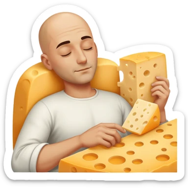 An attractive, bald Italian man sleeping outside with a block of cheese sticker