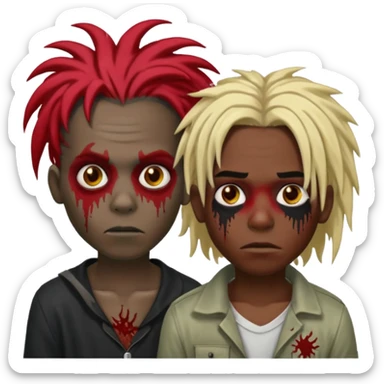 make two zombie boys, preferably black, both with dreadlocks, one with short hair, half blond and half black, and the second with long dreadlocks (up to the shoulder) with red roots and black tips  sticker