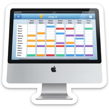 front-facing iMac showing a day schedule with vertical hours and horizontal client slots, several slots filled with color to indicate bookings sticker