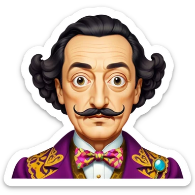 Cinematic Realistic portrait of Salvador Dalí, depicted as a surrealist artist with eccentric, expressive features and his iconic mustache, rendered with vibrant, imaginative lighting and richly detailed period attire that capture his avant-garde essence. sticker