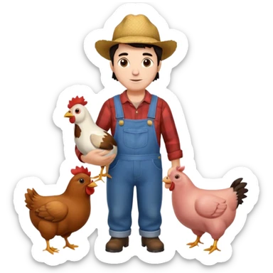 UN HOMBRE VESTIDO DE GRANJERO PIEL CLARA Y PELO OSCURO CON UNA GALLINA UN CERDO Y UNA VACA ALREDEDOR sticker