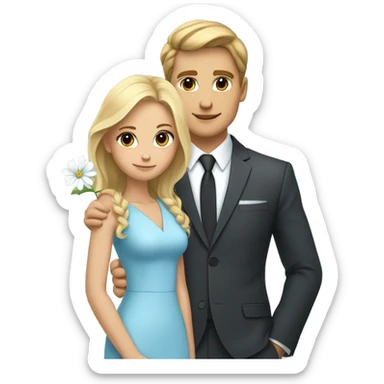 pretty blonde girl in light  blue dress with big breasts with a very cute brown haired boy in a black suit with a matching light blue tie with his arm around her and a white flower in his jacket pocket sticker