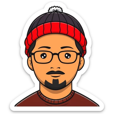 Asian man with black goatee, glasses, wearing a small red beanie sticker