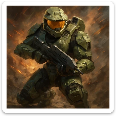 Master Chief, Halo, crouched with assault rifle, green armor, reflective gold visor, action pose sticker