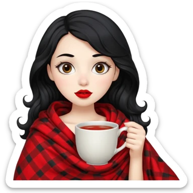 Long wavy Black haired, white skinned, black big eyed girl with red lipstick wrapped in a blanket, sipping tea sticker