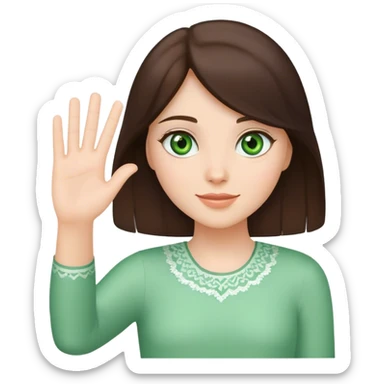 brunette girl with  with green eyes waving greeting with one hand sticker