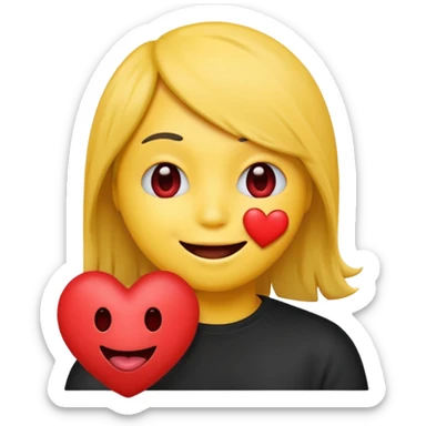 yellow emoji face holding a heart and hes so happy with emo hair covering one eye so happy with teeth and tongue sticker