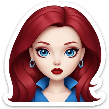 bratz pretty baddie, dark red hair, pale skin, long hair, blue eyes, makeup sticker
