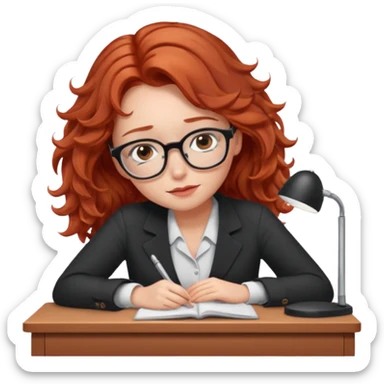 Pretty model, brown eyes, soft red wavy hair, falling asleep at desk sticker