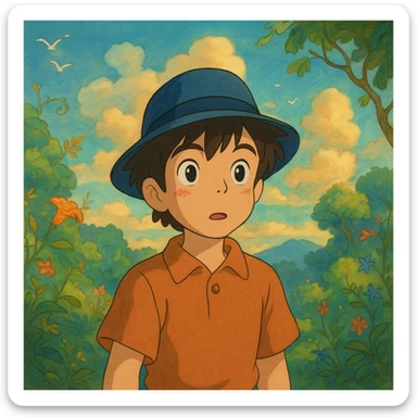 boy in a blue fedora, looking curious, whimsical background, Ghibli style sticker
