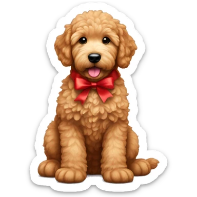 Ginger golden doodle. Baby. Full body sitting down. Red ribbon  sticker