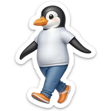 friendly anthropomorphised penguin in jeans and a t-shirt jogging upright standard pose no sunglasses sticker