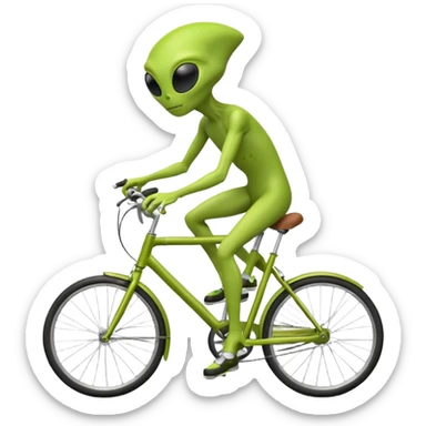 green alien riding a bicycle, big black eyes, thin body, casual cycling pose, playful sci-fi vibe, 3D cartoon, mobile game icon style, clean background, no text, no watermark
 sticker