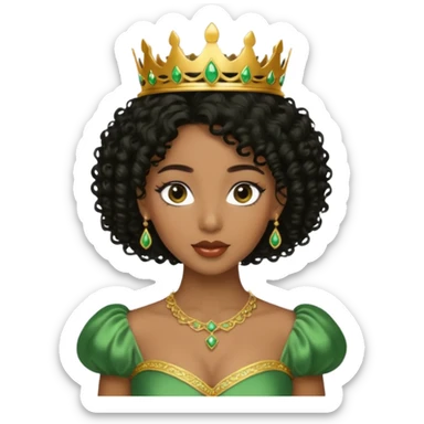 balck princess with black curly hair and a golden tiara. Green dress sticker