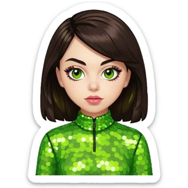 Charli XCX with dark brown hair, lime green sequin outfit sticker