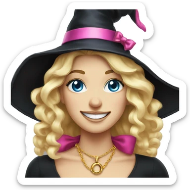 Blonde blue eyed witch smiling, wearing a gold necklace and a black witch hat with a pink bow sticker
