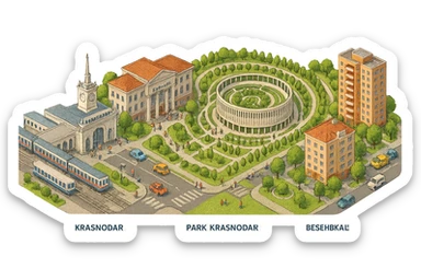 Изометричная миниатюрная фотореалистичная 3D модель панорамы Краснодара - вокзал Краснодар, КубГМУ, парк Краснодар со стадионом, краснодарские дома, автотранспорт четкие линии, яркие цвета, мультяшный реализм, люди, автотранспорт, компактная композиция, вид сверху в изометрии, прозрачный фон sticker