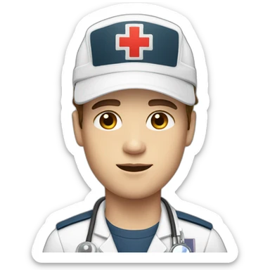 Ambulance yung man with white skin and brown hair and a cap sticker