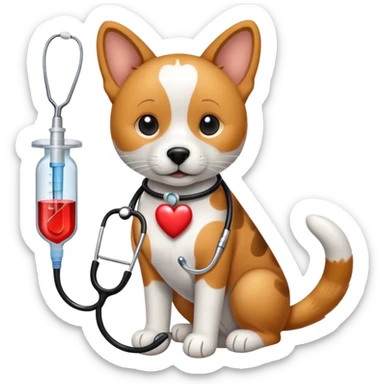 An icon featuring a stethoscope, a paw print, and a veterinary syringe, symbolizing veterinary medicine. The design includes a dog, a cat, and a heart, representing animal care, treatment, and health. Transparent background highlights the science of veterinary practice and animal welfare. sticker