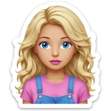 create an emoji of a woman. She has wrinkles, with long blonde messy but wavy hair, blue eyes, tanned skin, pink lips. she wears a white top with an overall sticker