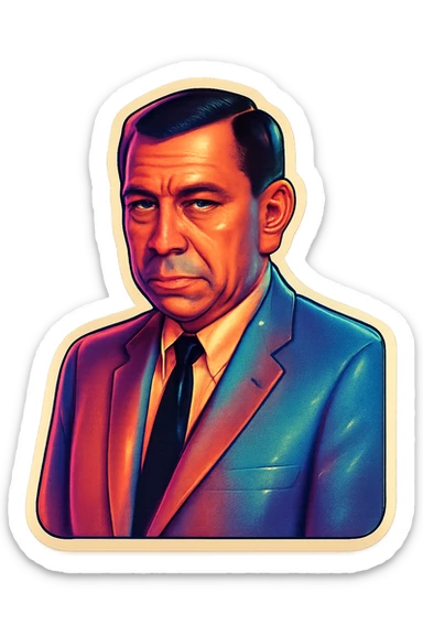 Portrait of this man in retro stickers style, looking serious, no text, neutral background. sticker