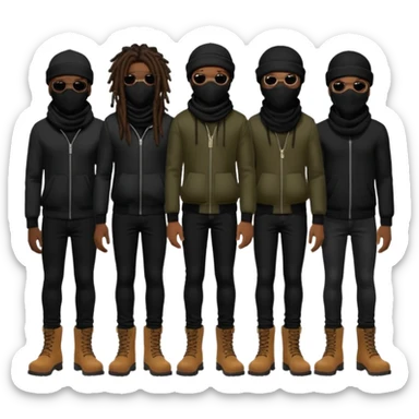 Group of African American men with dreadlocks wearing black ski masks covering their face wearing black skinny jeans and black timberland boots sticker
