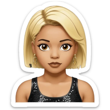 T Boz from TLC with short blonde hair, black sequin crop top, black earring sticker