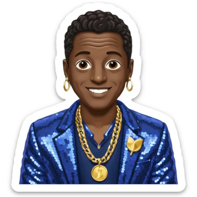 Flavor Flav with dark brown hair, indigo sequin jacket, shirtless with necklace sticker