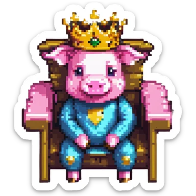 cartoon-like pixel art pig with a golden crown sitting on a throne, blocky and square like Minecraft, playful and expressive sticker