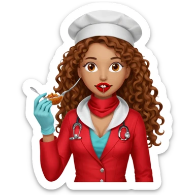 Sensual Spanish Lilith core evil surgeon.red outfit.  Surgeon has hazel eyes. Her hair is BROWN. Hair is also  long and  curly. wearing a sexy surgeon outfit with platform  heels.she is a calculated smart cereal killer. She covers only her mouth and nose with silk scarf to hide identity  sticker