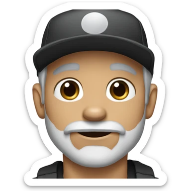 Handsome man, with blue eyes, wearing ball cap, with grey hair and goatee beard, holding all black long haired chihuahua sticker