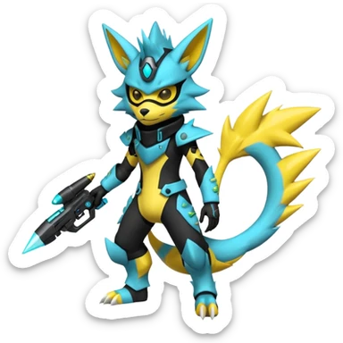 Shiny badass cool edgy spikey fluffy realistic cyan yellow white electric complex futuristic Zeraora-Renamon-Electrike-Umbreon-Lombax-Weregarurumon-fusion-creature (full body) wearing a black cyberpunk-helmet-mask sticker