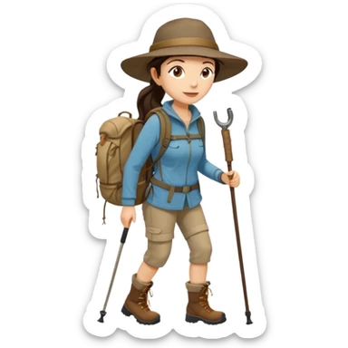 women, long dark brown hair in ponytail with wide brim hiking hat. Walking with backpack and trekking poles.  She is a pilgrim on the Camino Frances on her way to Santiago de Compostela sticker