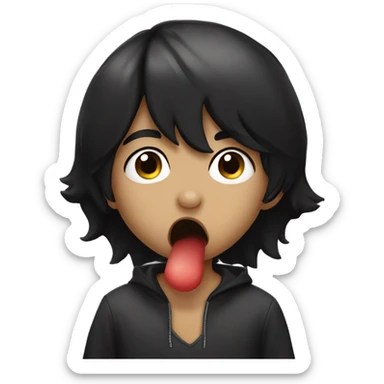 a black haired boy licking a nose sticker