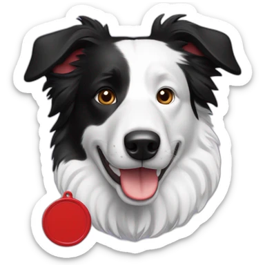A black and white border collie with an skewed to the left white spot on his head and a red plaque sticker