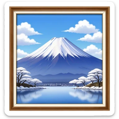 Cinematic Realistic Mount Fuji Landscape Emoji, depicted with the iconic snow-capped peak set against a serene sky rendered with lifelike textures and breathtaking, natural lighting. sticker